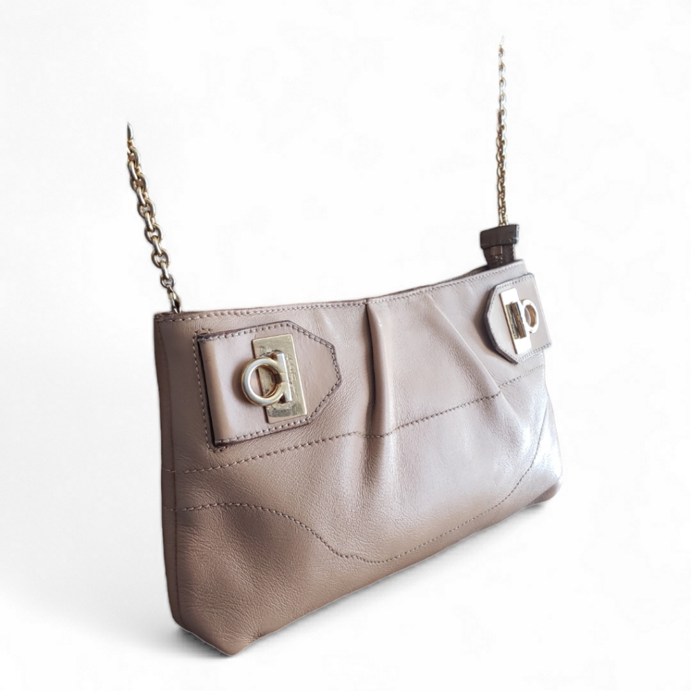 Salvatore Ferragamo Taupe Leather Chain Strap Crossbody Bag with Gold Hardware